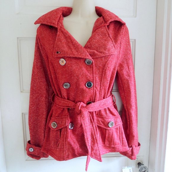 Bongo Red & White Heathered Knit Fleece Pea Coat M NWT - Picture 1 of 10